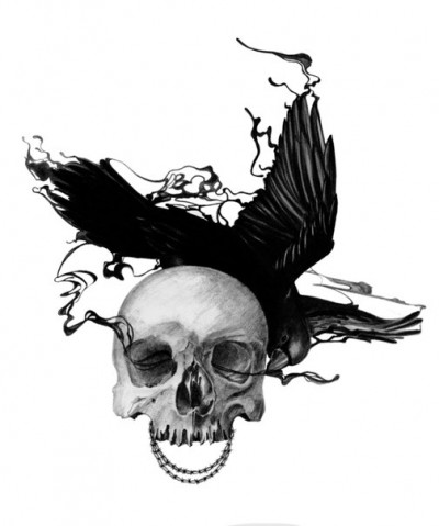 Черно-белый эскиз тату - череп и ворон