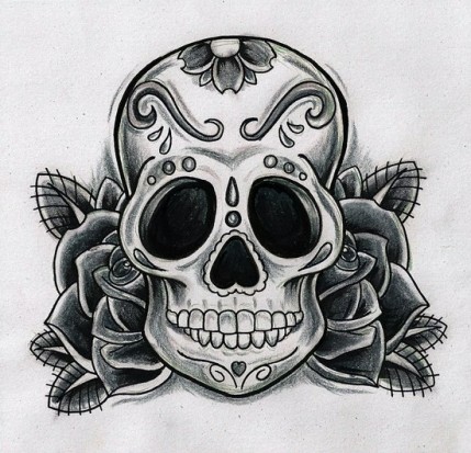 Черно-белый эскиз тату - изображение черепа и роз