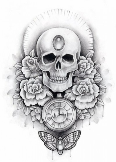 Черно-белый эскиз тату - череп с часами, бабочкой и розами