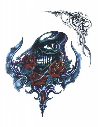 Цветной эскиз тату в виде розы и черепа