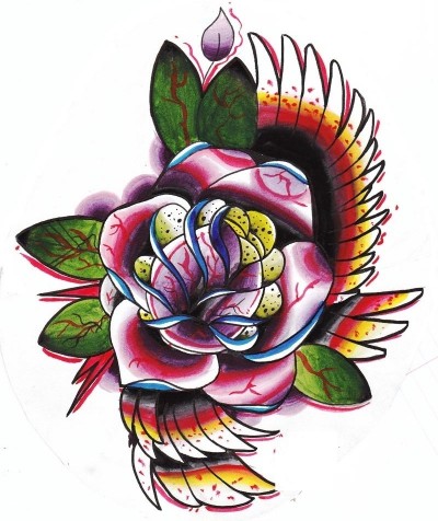 Эскиз тату - роза с перьями