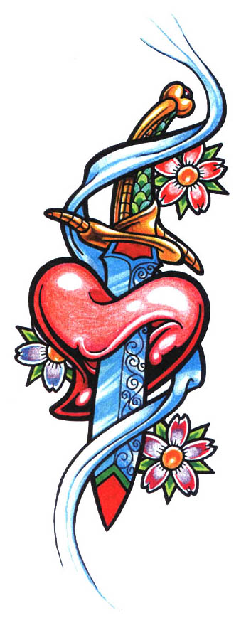 Эскиз татуировки: Сердце с кинжалом и цветами