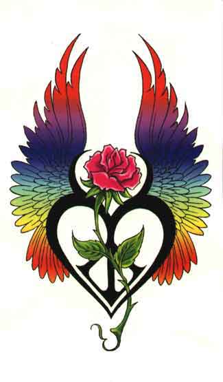 Эскиз татуировки: Сердце с разноцветными крыльями и розой