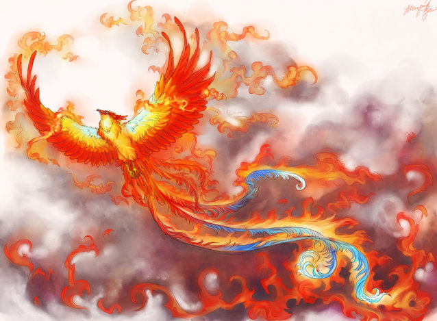 Цветной эскиз татуировки феникс в огне
