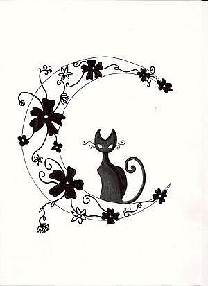 Эскиз тату в виде кошки, месяца и цветов