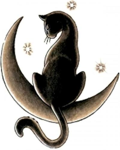Эскиз татушки с изображением кошки и месяца