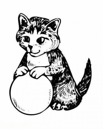 Черно-белый эскиз тату в виде кошки и мячика