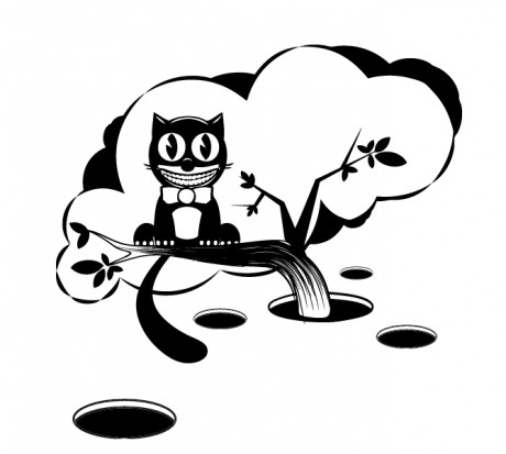 Черно-белый эскиз тату - кот, сидящий на дереве