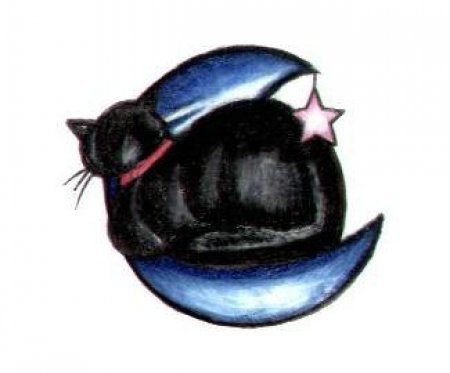 Цветной эскиз тату в виде черной кошки, месяца и звезды