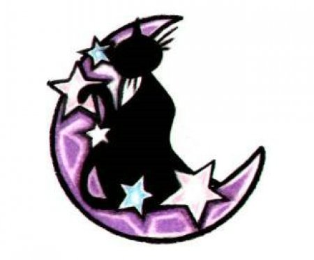 Цветной эскиз тату в виде кошки, месяца и звезд