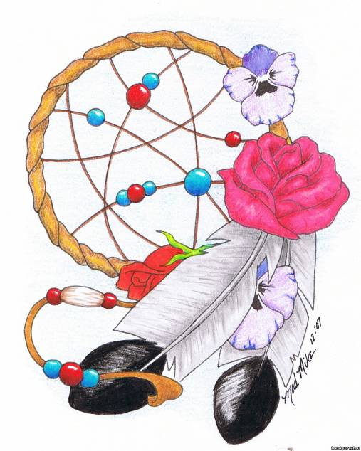 Эскиз цветной татуировки Ловец снов с цветами и перьями