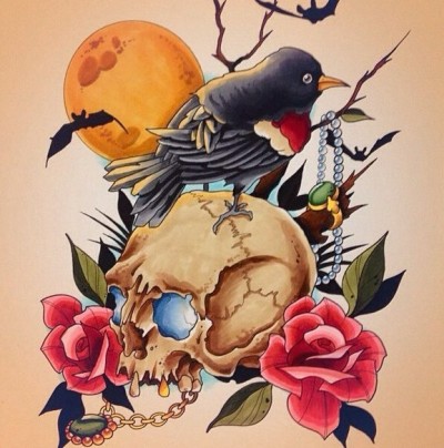 Цветной эскиз тату - череп, птица и розы