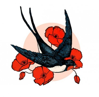 Цветной эскиз тату - цветы мака и ласточка