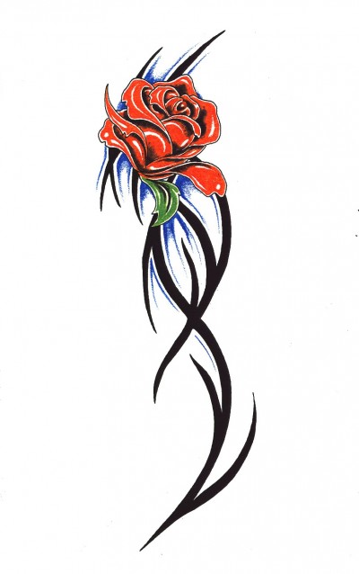 Цветной эскиз татуировки - красная роза с узором