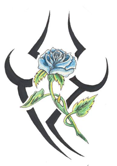 Цветной эскиз тату - синяя роза и узор