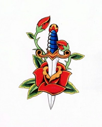 Цветной эскиз тату - роза с кинжалом