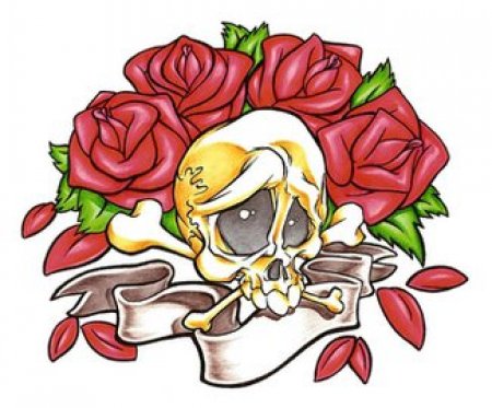 Цветной эскиз тату - розы и череп