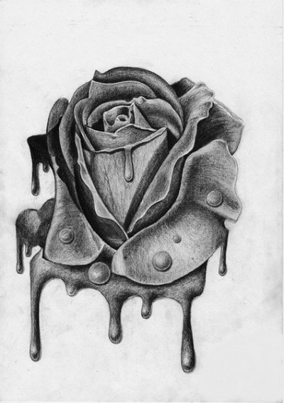 Черно-белый эскиз татушки в виде розы с каплями