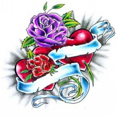 Цветной эскиз татушки - пара роз и пара сердец