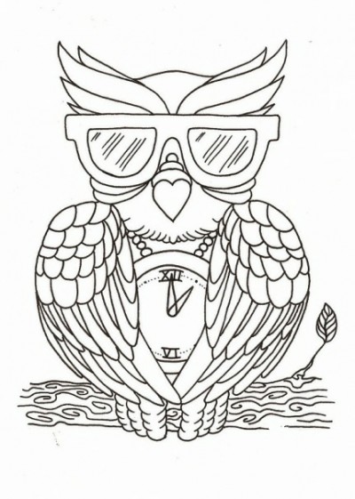 Эскиз тату - сова с часами и в очках