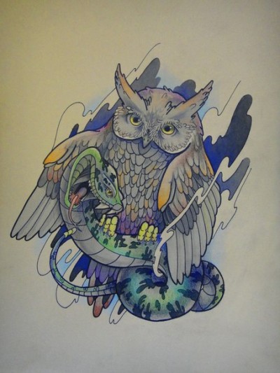 Цветной эскиз тату - сова и змея