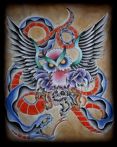 Цветной эскиз татуировки - сова и змея