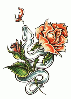 Цветной эскиз тату - роза и змея